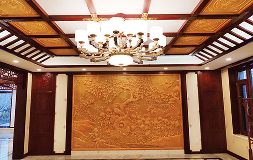 东方中式别墅客厅中式木作横梁吊顶装饰展示