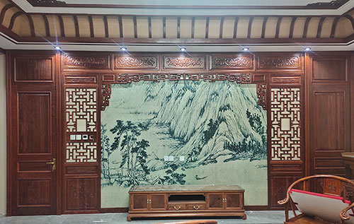 东方中式仿古别墅客厅背景墙花格木作装饰